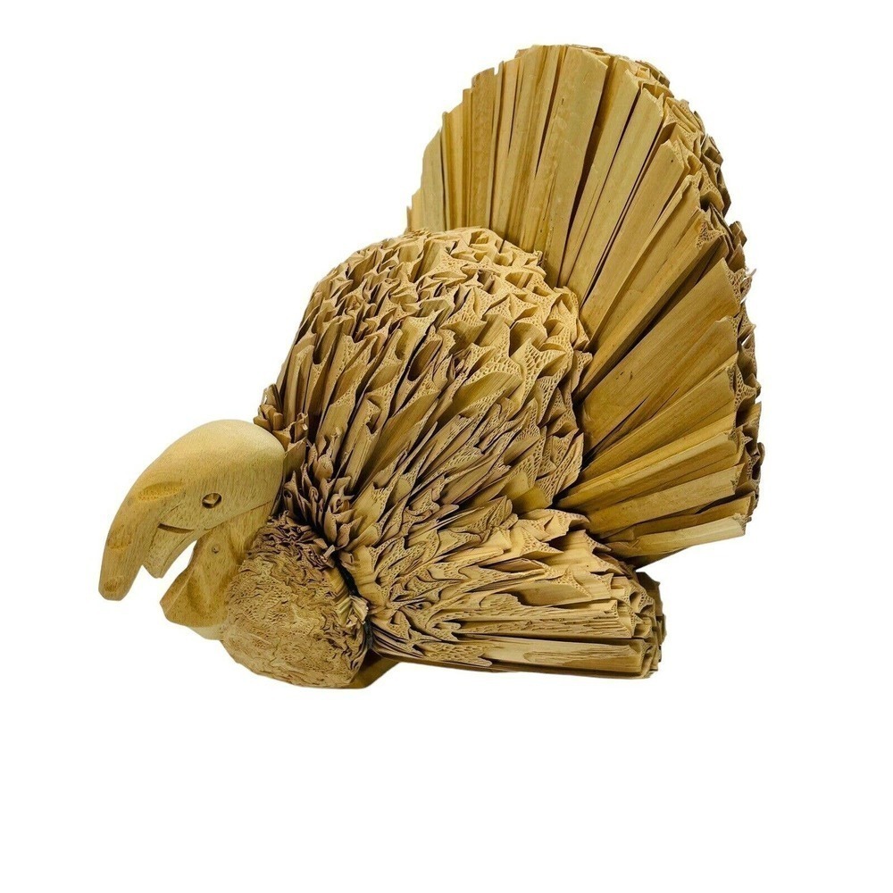 Thanksgiving Turkey Centerpiece Decoration 8" Natural Fiber Raffia Carved Head